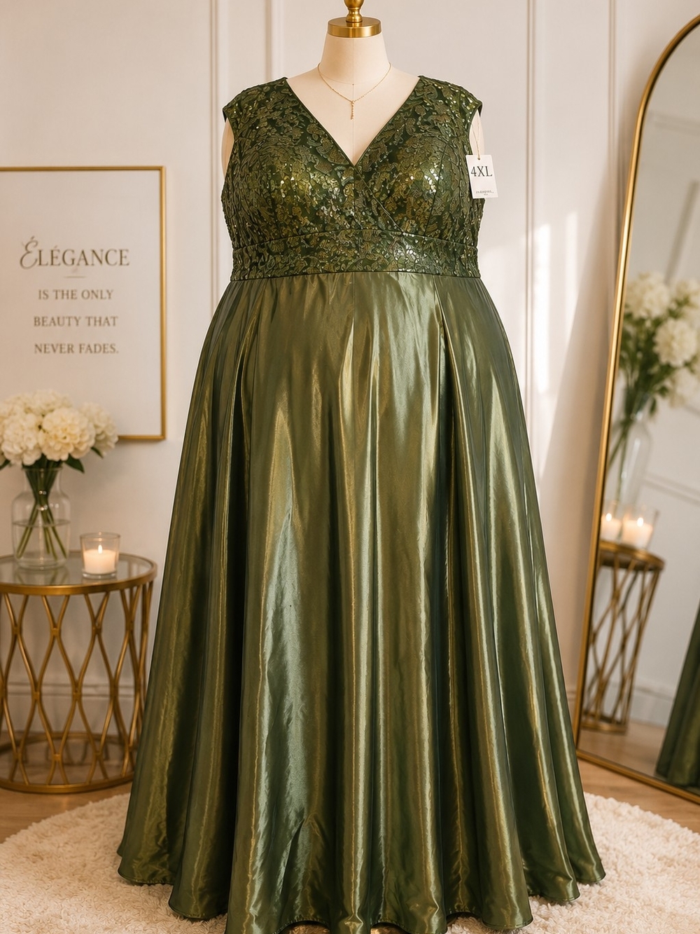 XUIBOL 4XL Olive Green Sequin Formal Gown| Plus Size Evening Maxi Dress ,wedding